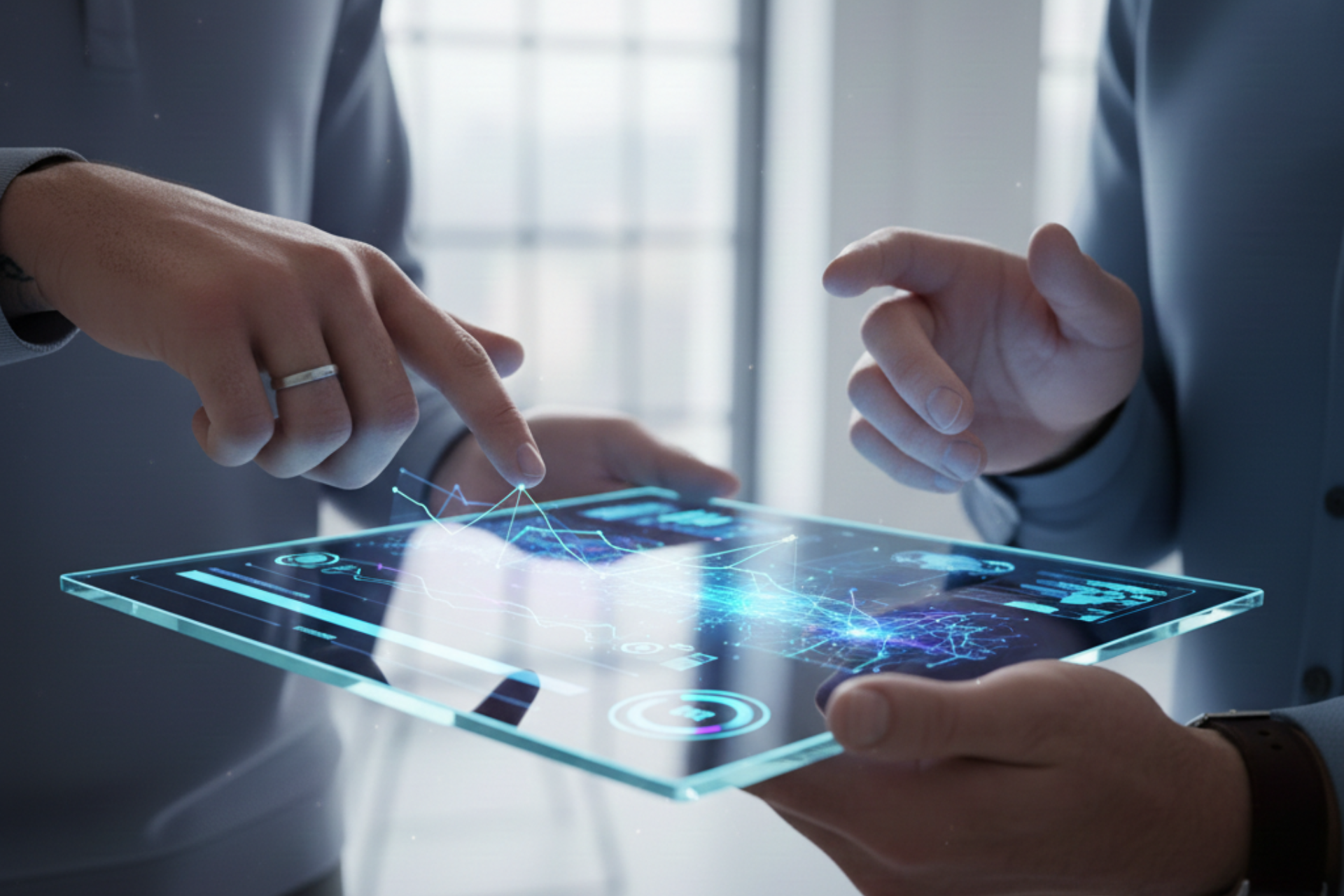Manos interactuando con interfaz de inteligencia artificial y gráficos en tablet para productividad empresarial.